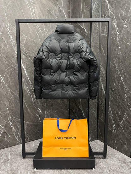 Monogram Leather Hooded Down Jacket lv