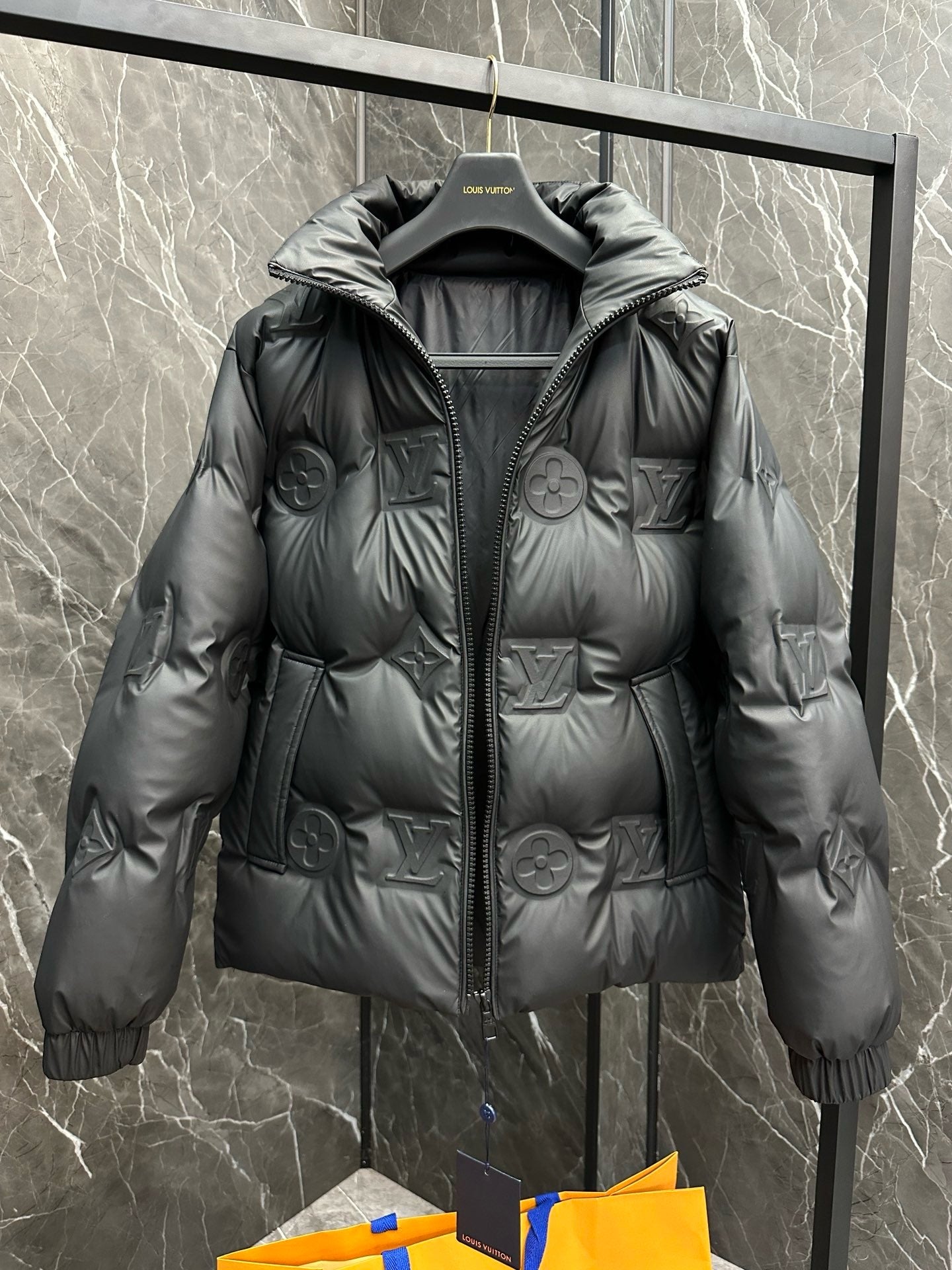 Monogram Leather Hooded Down Jacket lv