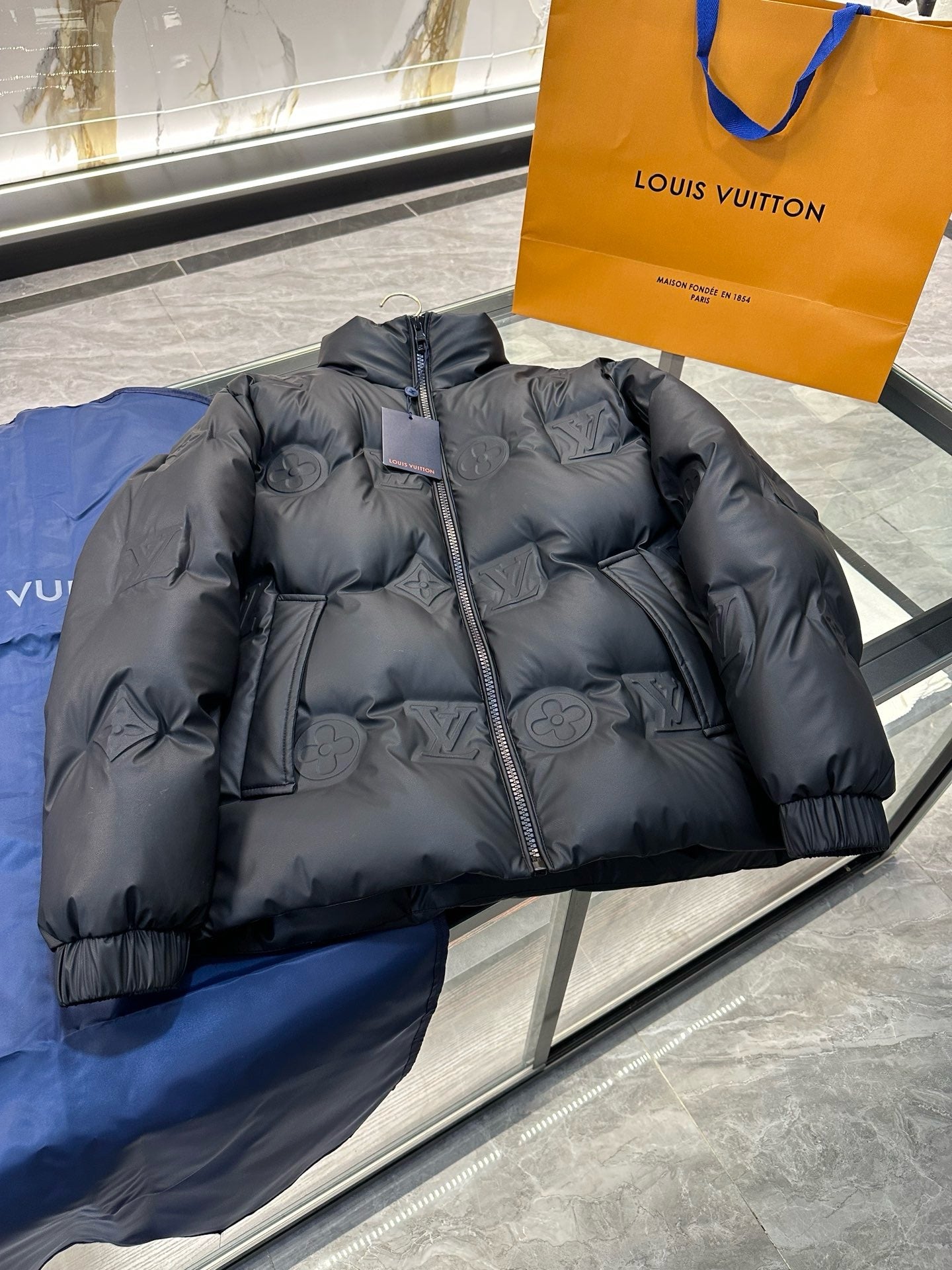 Monogram Leather Hooded Down Jacket lv