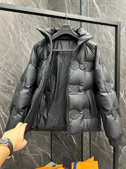 Monogram Leather Hooded Down Jacket lv