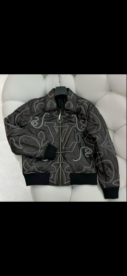 Bomber brodé en cuir Lv